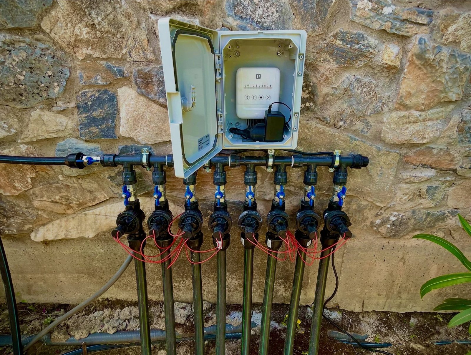Cuadro de electroválvulas y programador de riego
