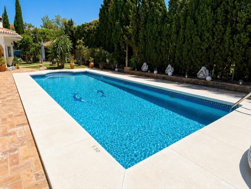 Piscina rodeada de cipreses, palmeras y jardín cuidado
